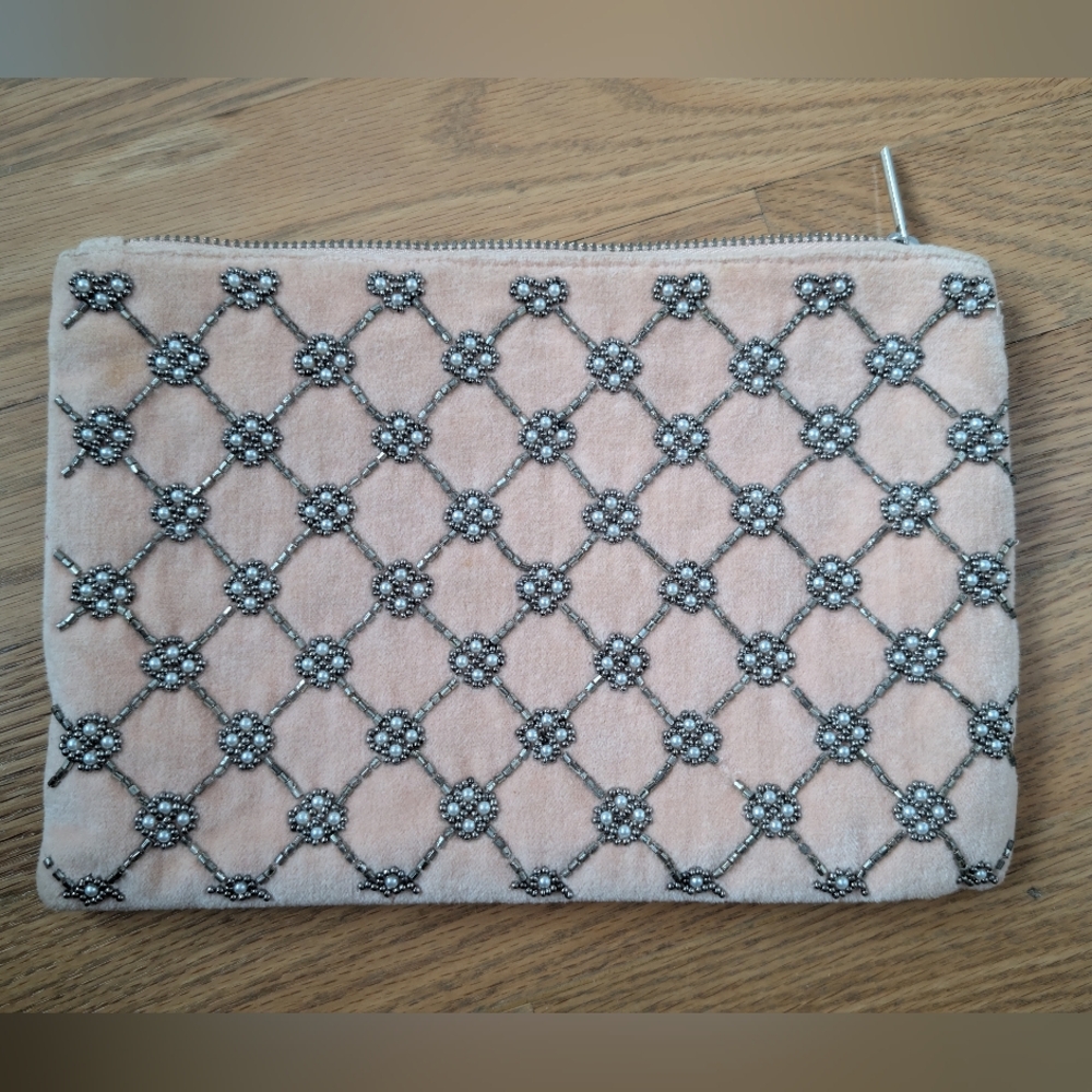 Loft beaded pink velvet clutch